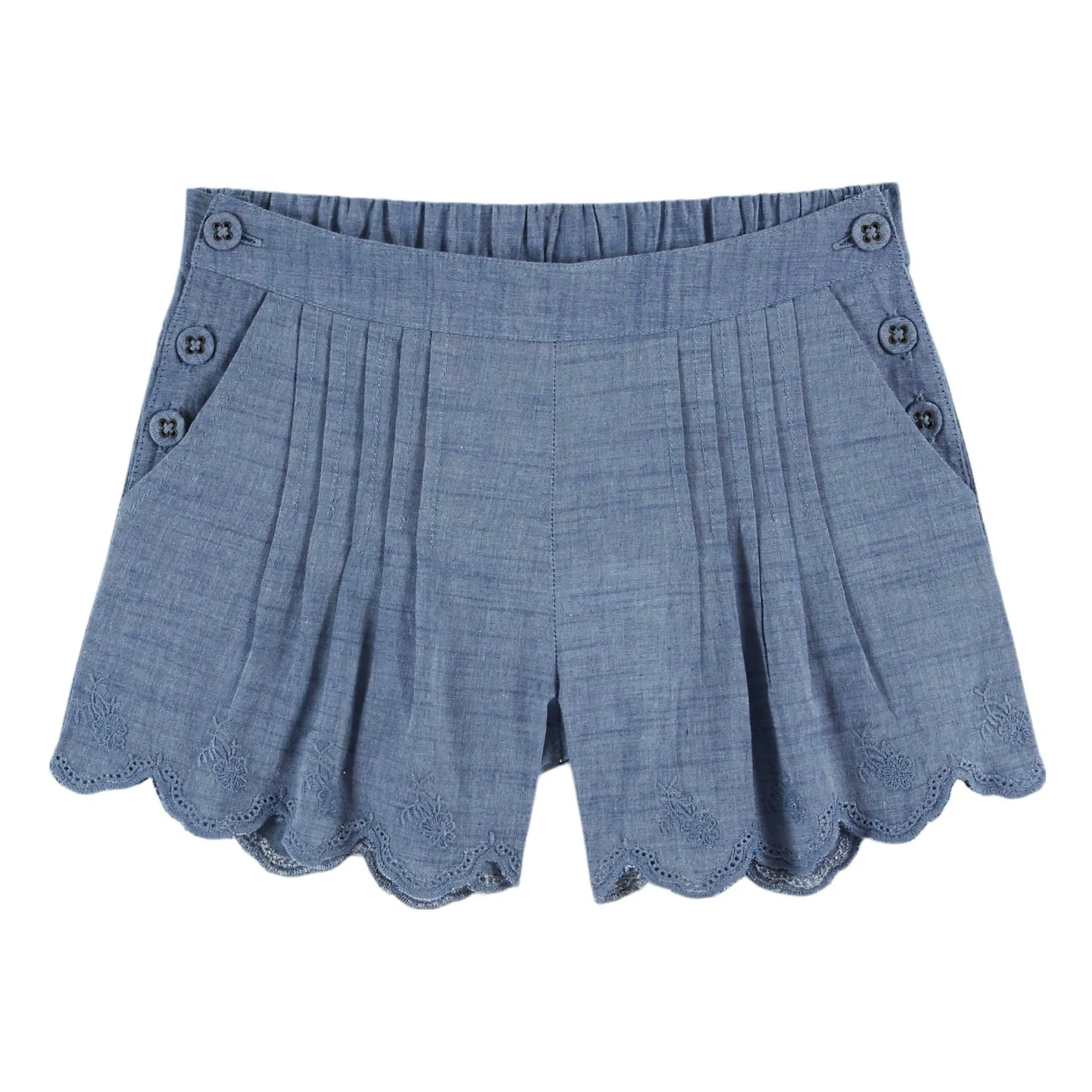 Emile Et Ida Blue Chambray Embroidered Shorts