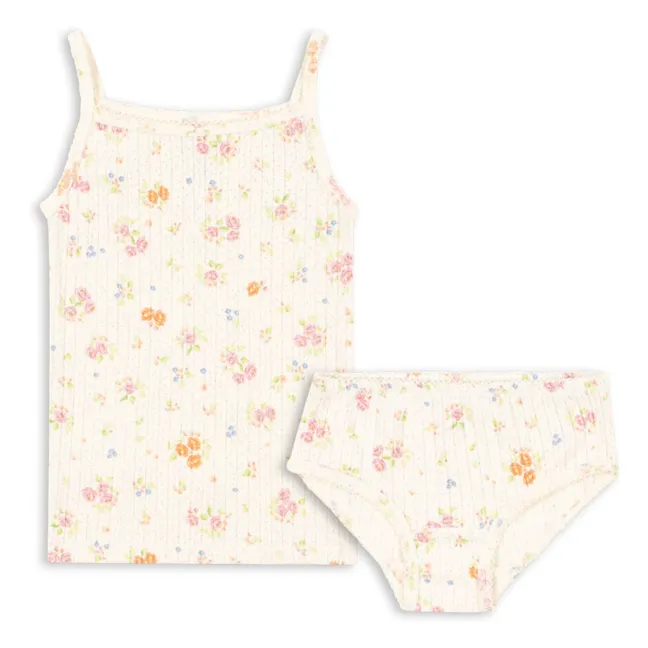 Ensemble Débardeur et Culotte Côtelé Minnie Fleuri Coton Bio | Ecru