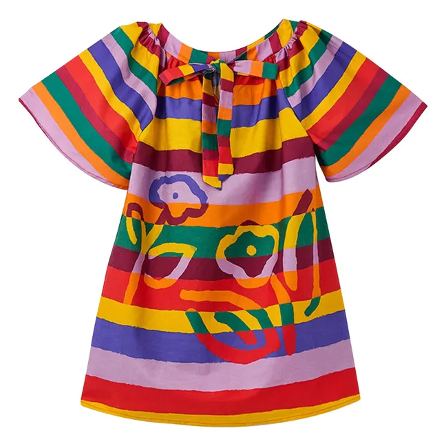 Robe Manches Evasées Fleurs Rayée | Jaune