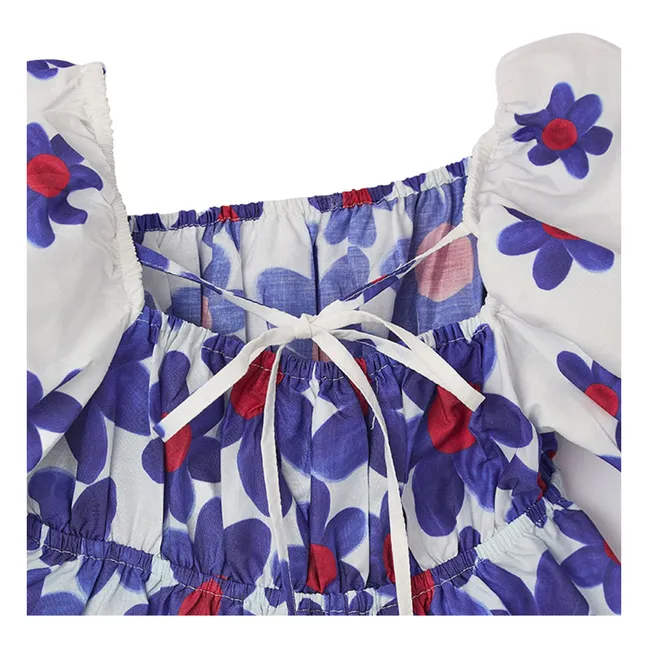 Robe Midi Manches Bouffante Fleurs | Blanc