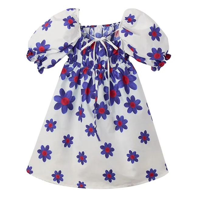 Robe Midi Manches Bouffante Fleurs | Blanc