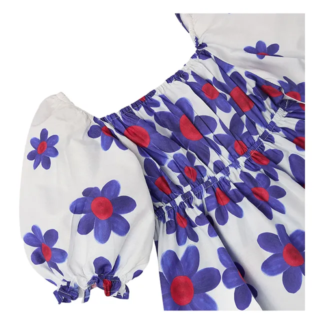 Robe Midi Manches Bouffante Fleurs | Blanc