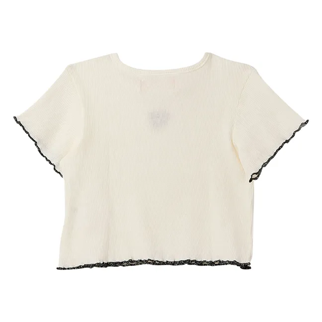 T-Shirt Crop gerippt Blume | Weiß