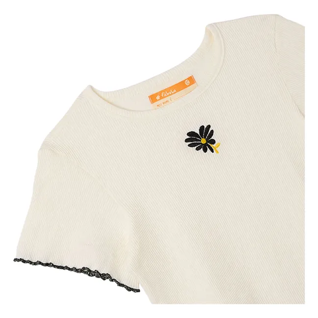 T-Shirt Crop gerippt Blume | Weiß
