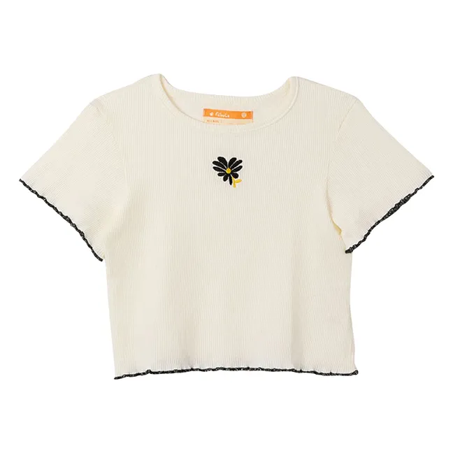 T-shirt Crop Côtelé Fleur | Blanc