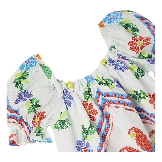 Robe Manches Bouffantes Fleurie | Blanc