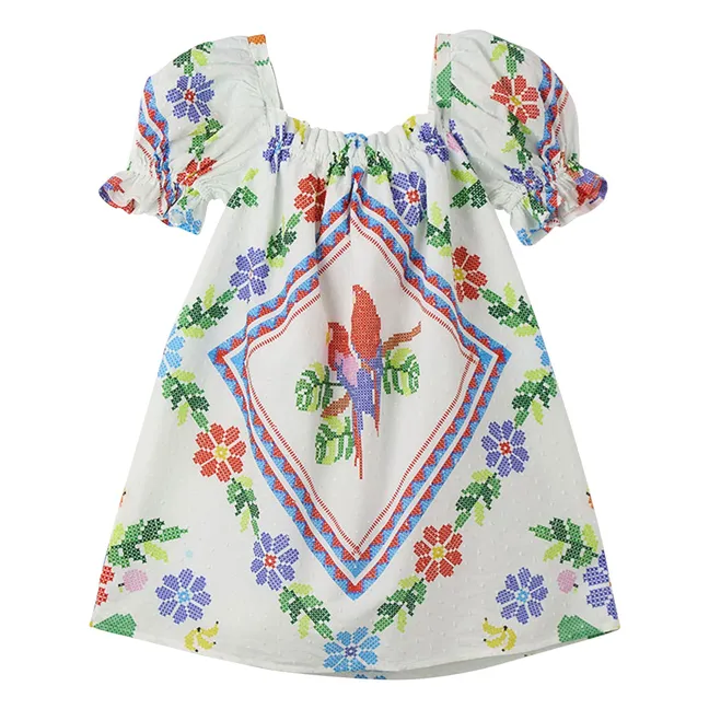 Vestido floral de manga abullonada | Blanco