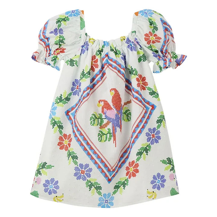 Vestido floral de manga abullonada | Blanco- Imagen del producto n°0