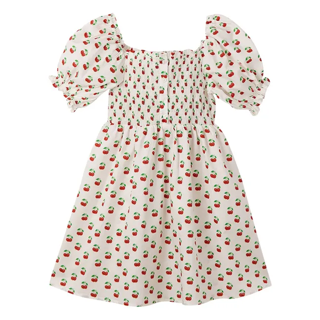 Vestido cereza de manga abullonada | Blanco