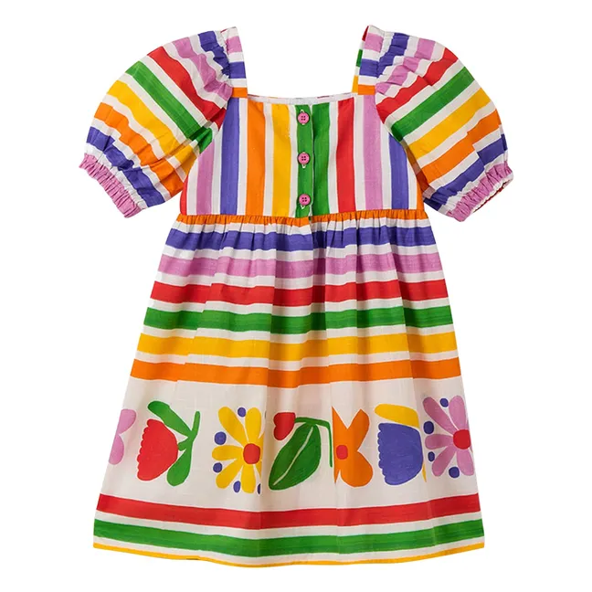 Robe Manches Bouffantes Fleurs Rayée | Jaune