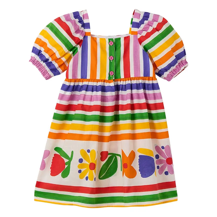 Vestido de manga abullonada con flores a rayas | Amarillo- Imagen del producto n°4