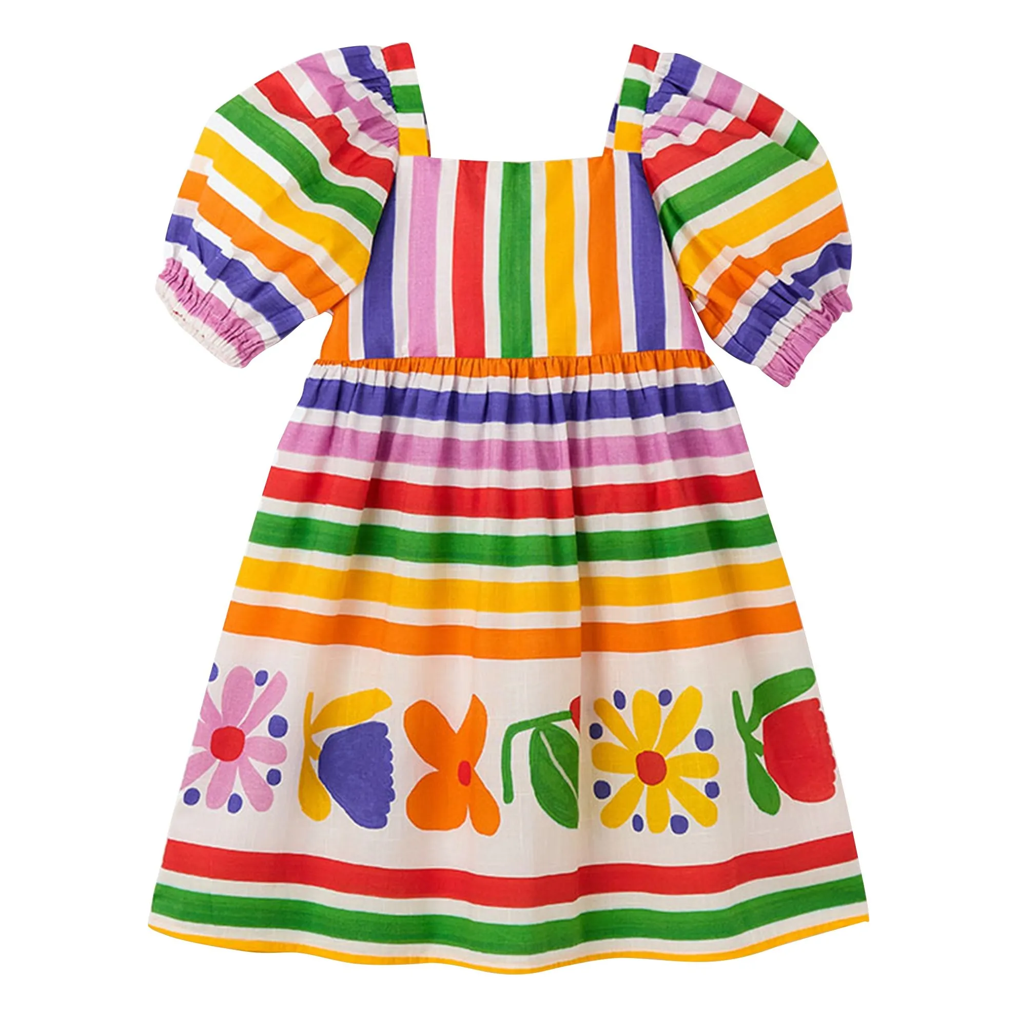 Robe Manches Bouffantes Fleurs Rayée | Jaune- Image produit n°0