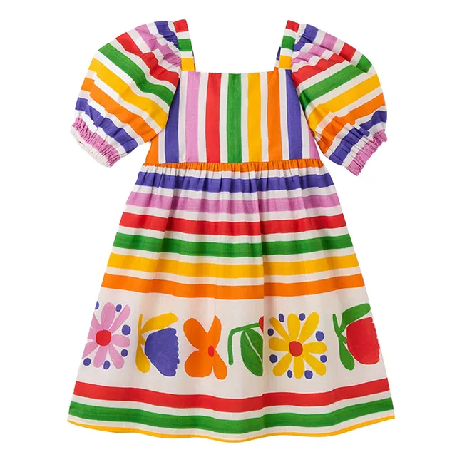 Vestido de manga abullonada con flores a rayas | Amarillo