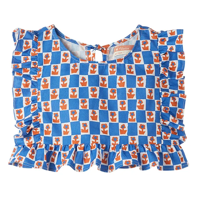 Top Volants Damier Fleurs | Bleu