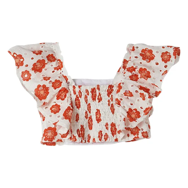 Top Manches Volants Broderie Anglaise Fleurie | Blanc