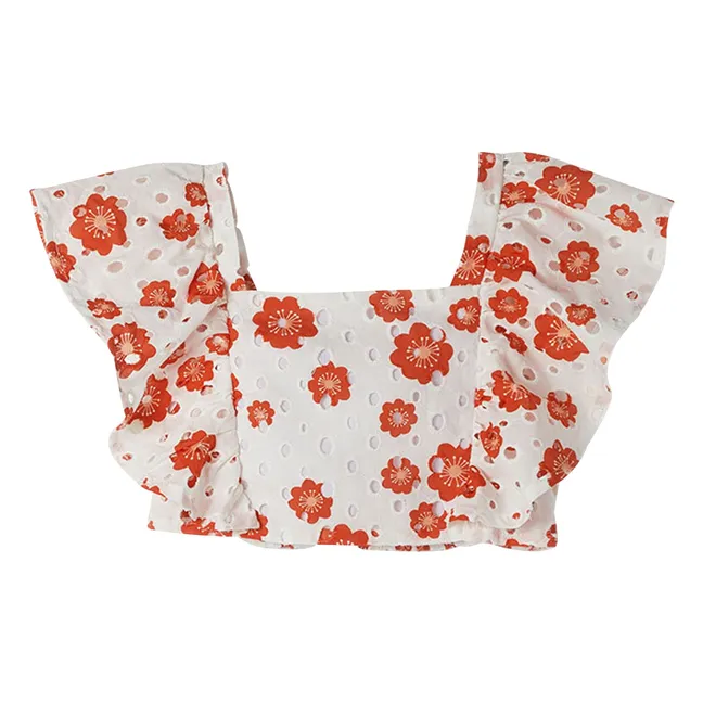 Top Manga Volante Bordado Floral Anglaise | Blanco