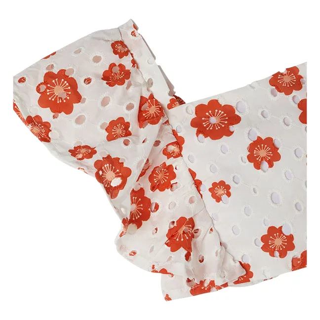 Top Manga Volante Bordado Floral Anglaise | Blanco