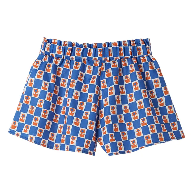 Short Ceinturé Damiers Fleurs | Bleu