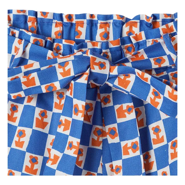 Short Ceinturé Damiers Fleurs | Bleu