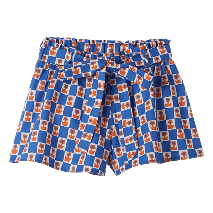 Short Ceinturé Damiers Fleurs | Bleu- Image produit n°0