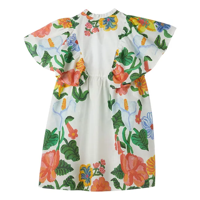 Robe Manches Evasées Fleurs | Blanc