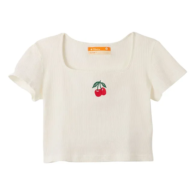 T-shirt Crop Côtelé Cerises | Blanc