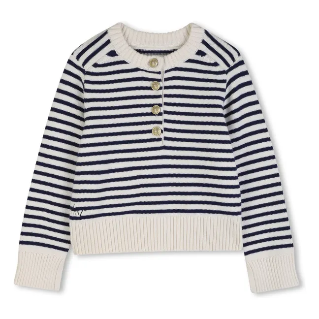 Striped Buttoned Knit Sweater | Ecru