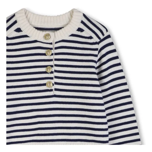 Pull Maille Boutonné Rayé | Ecru