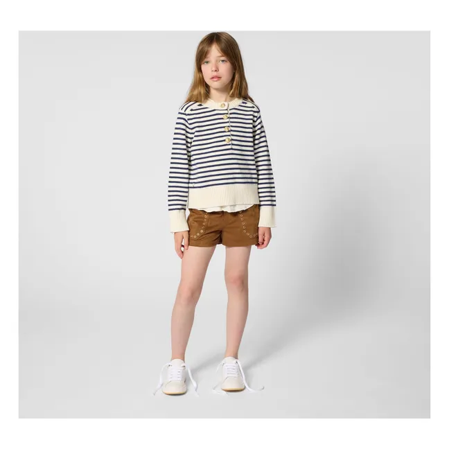 Striped Buttoned Knit Sweater | Ecru