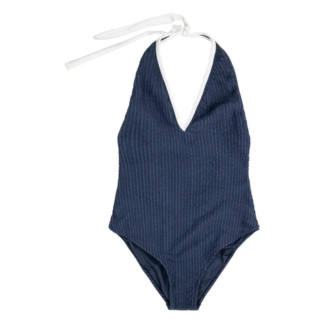 Seersuker One Piece Swimsuit | Dark Blue