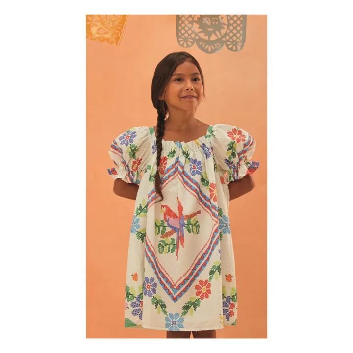 Vestido floral de manga abullonada | Blanco- Imagen del producto n°1