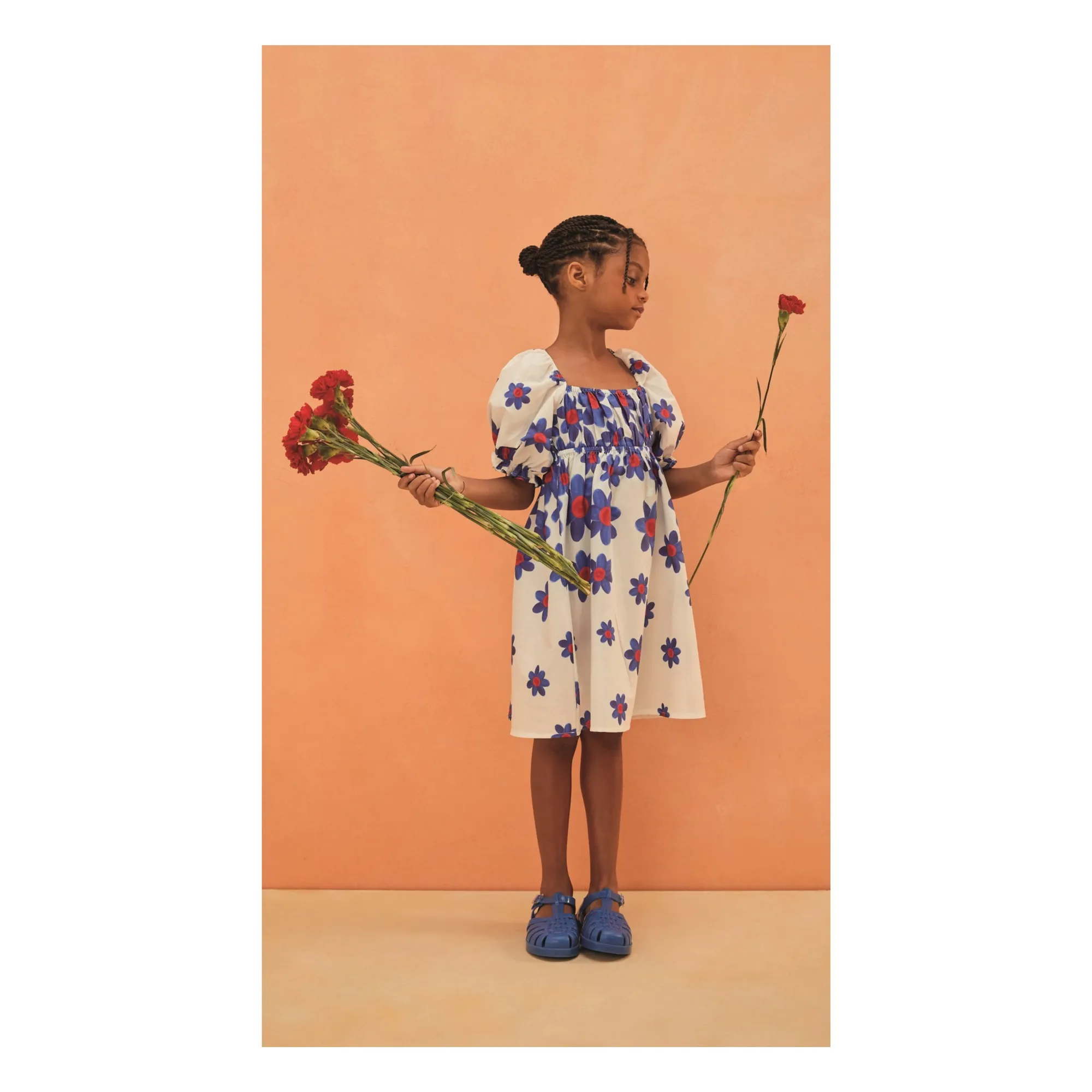 Robe Midi Manches Bouffante Fleurs | Blanc- Image produit n°1