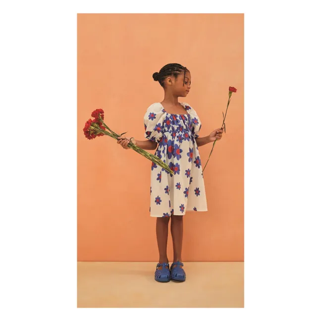 Robe Midi Manches Bouffante Fleurs | Blanc