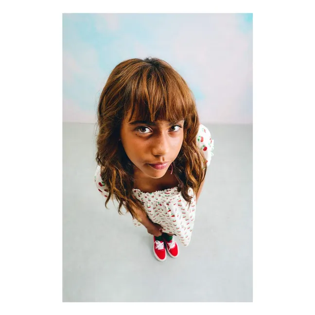 Robe Manches Bouffantes Cerises | Blanc