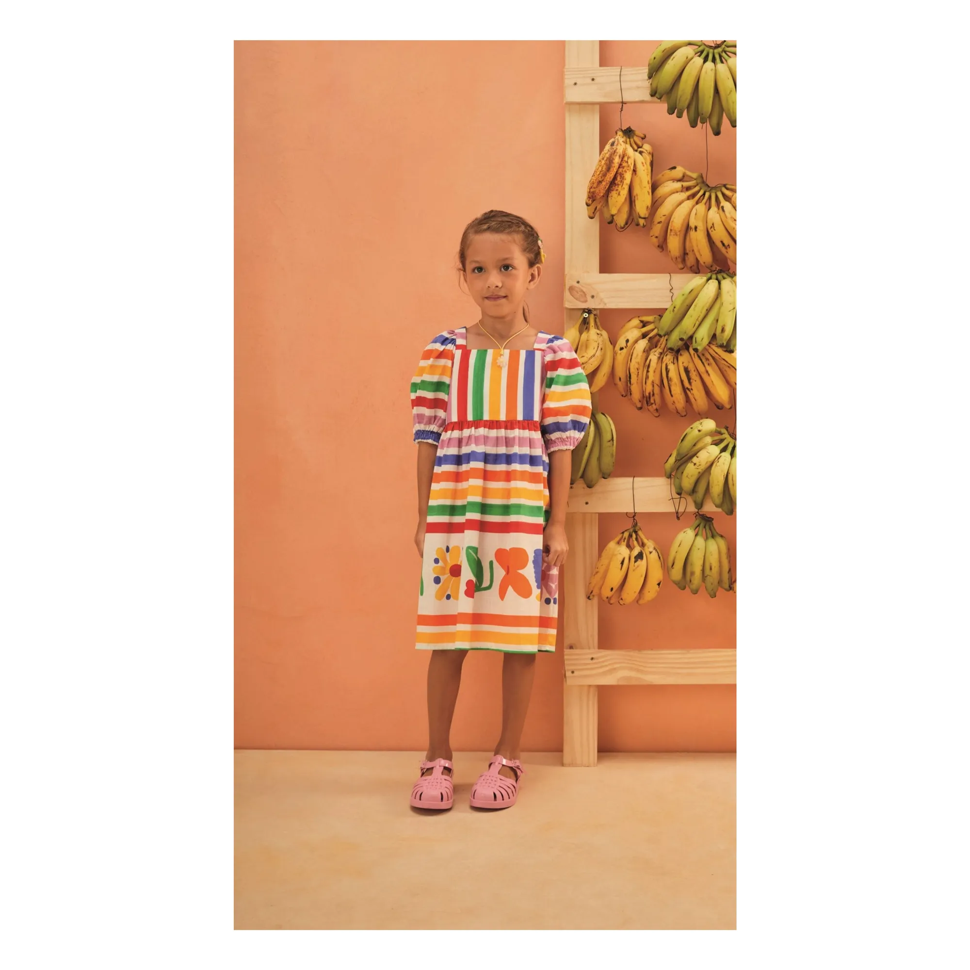 Robe Manches Bouffantes Fleurs Rayée | Jaune- Image produit n°1