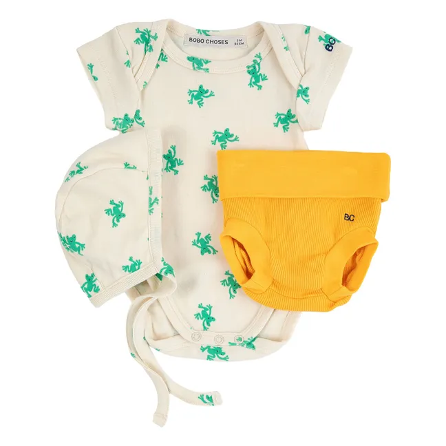 Organic cotton bodysuit and frog shorts set | Ecru