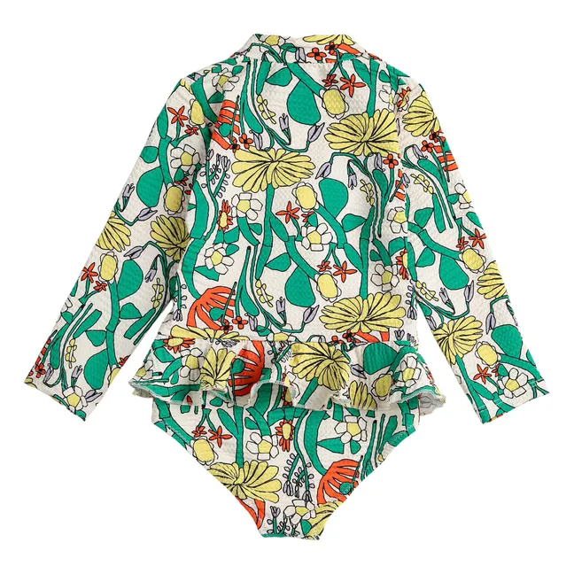 Maillot de Bain Manches Longues Fleuri Fibres Recyclées | Ecru