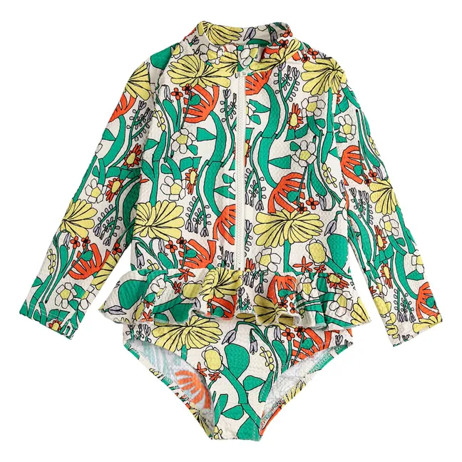 Maillot de Bain Manches Longues Fleuri Fibres Recyclées | Ecru