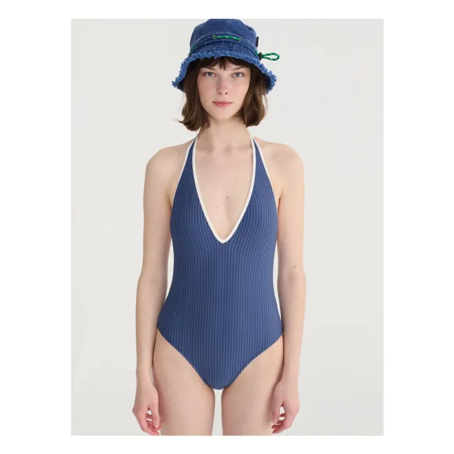 Seersuker One Piece Swimsuit | Dark Blue