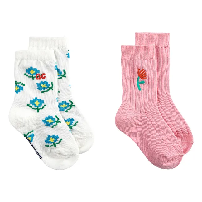 Lot de 2 Paires de Chaussettes Fleuries Coton Bio | Rose