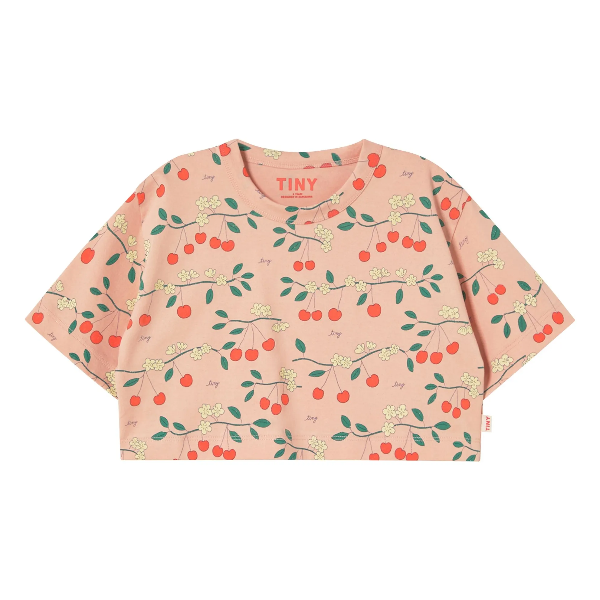 Tinycottons Pink Crop Cerises Organic Cotton T-Shirt
