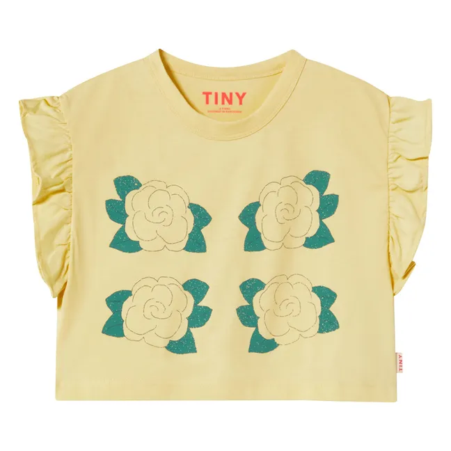 T-shirt Crop Volants Roses Coton Bio | Jaune pâle
