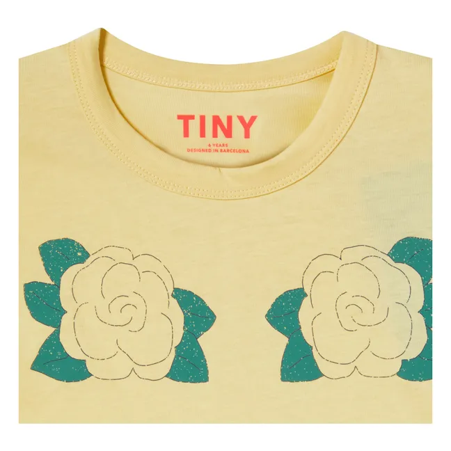 T-shirt Crop Volants Roses Coton Bio | Jaune pâle