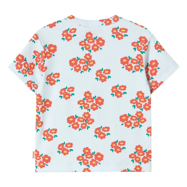 Camiseta acanalada Flores Algodón orgánico | Azul Pálido