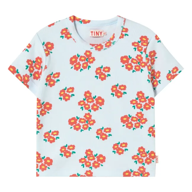 T-shirt Côtelé Fleurs Coton Bio | Bleu pâle