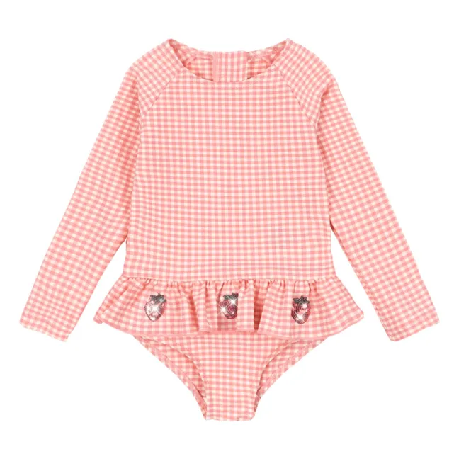Etta Carreaux Fraises Long Sleeve Swimsuit | Pink
