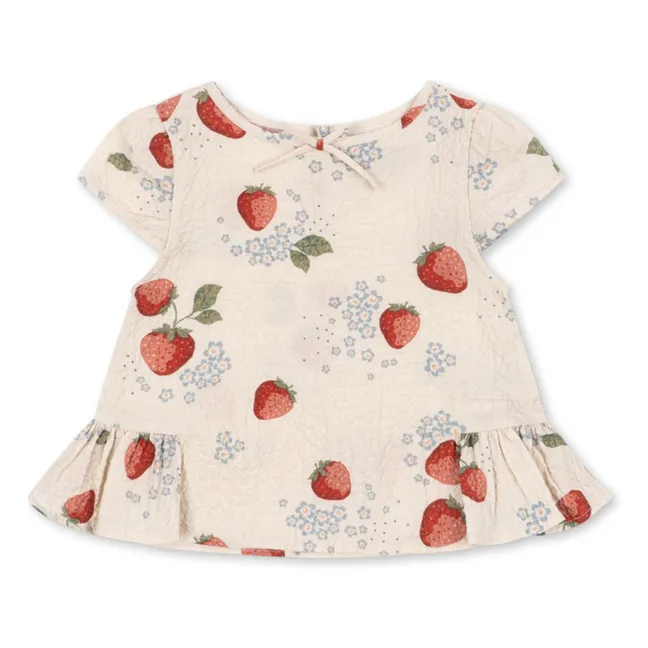 Camiseta con volantes de algodón orgánico Ava Strawberry | Beige