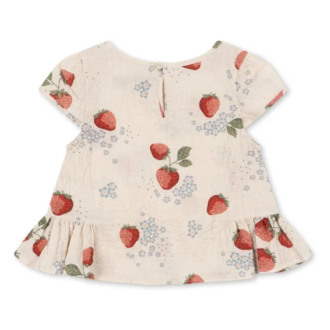 Camiseta con volantes de algodón orgánico Ava Strawberry | Beige