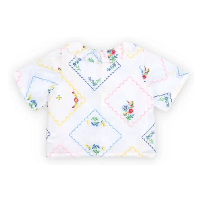 Flowery Hyacinth Embroidered Tie Blouse | White