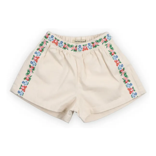 BCI Pantalones cortos de algodón con bordado de flores de malva | Crudo